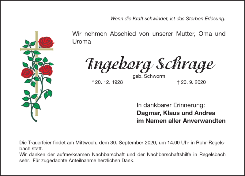  Traueranzeige für Ingeborg Schrage vom 25.09.2020 aus Gesamtausgabe Nürnberger Nachrichten/ Nürnberger Ztg.