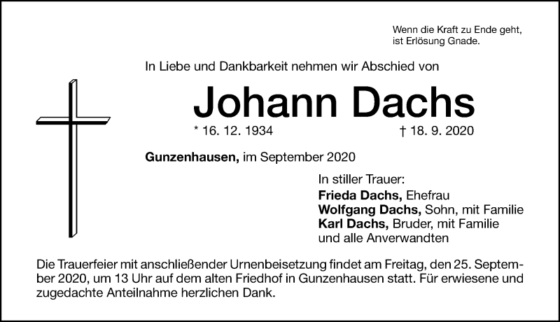  Traueranzeige für Johann Dachs vom 23.09.2020 aus Altmühl-Bote Lokal