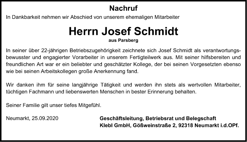  Traueranzeige für Josef Schmidt vom 25.09.2020 aus Neumarkter Nachrichten Lokal
