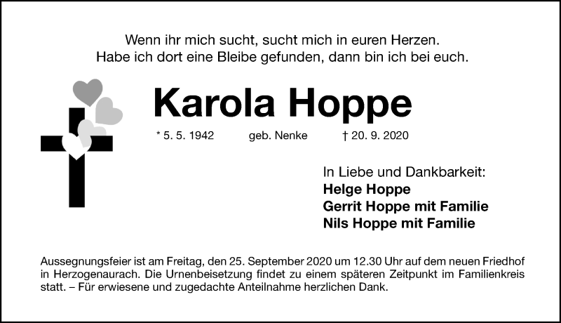  Traueranzeige für Karola Hoppe vom 23.09.2020 aus Nordbayerische Nachrichten Herzogenaurach Lokal