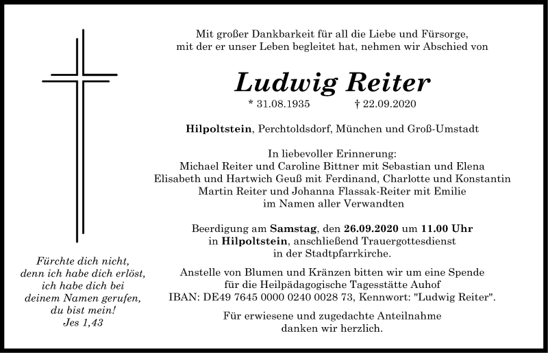  Traueranzeige für Ludwig Reiter vom 25.09.2020 aus Roth-Hilpoltsteiner Volkszeitung Lokal