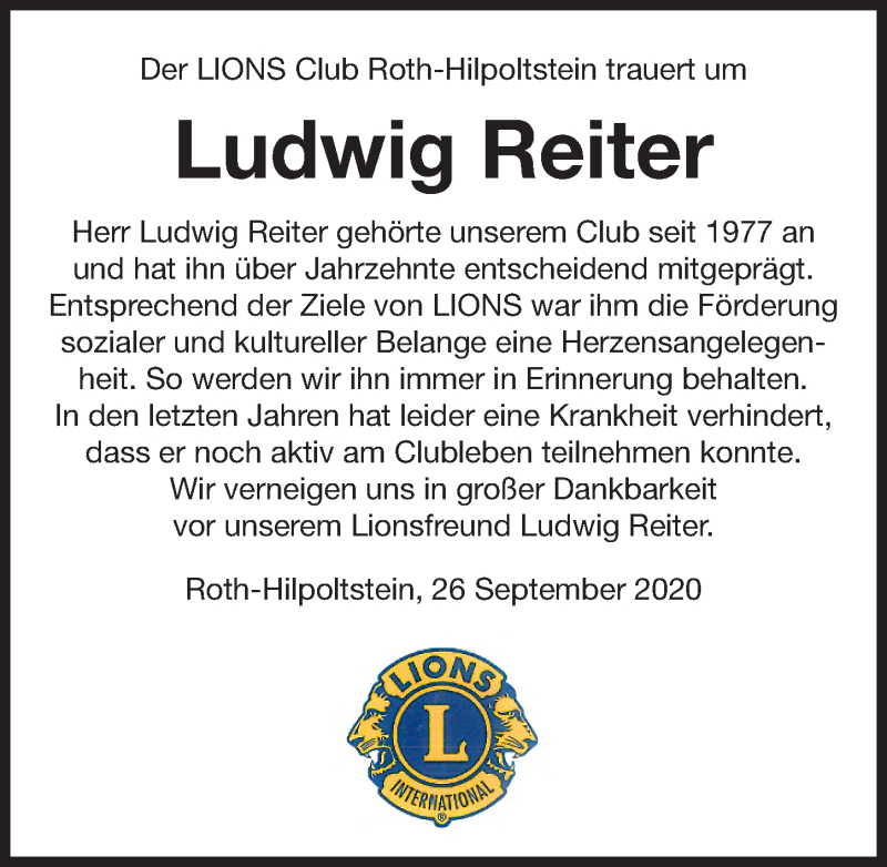  Traueranzeige für Ludwig Reiter vom 26.09.2020 aus Roth-Hilpoltsteiner Volkszeitung Lokal