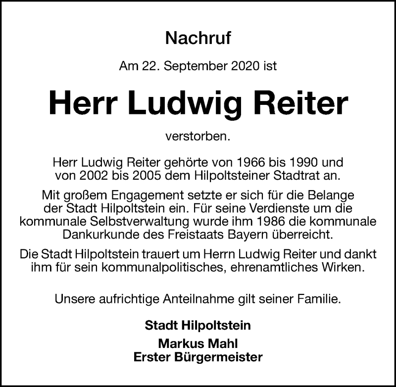  Traueranzeige für Ludwig Reiter vom 26.09.2020 aus Roth-Hilpoltsteiner Volkszeitung Lokal