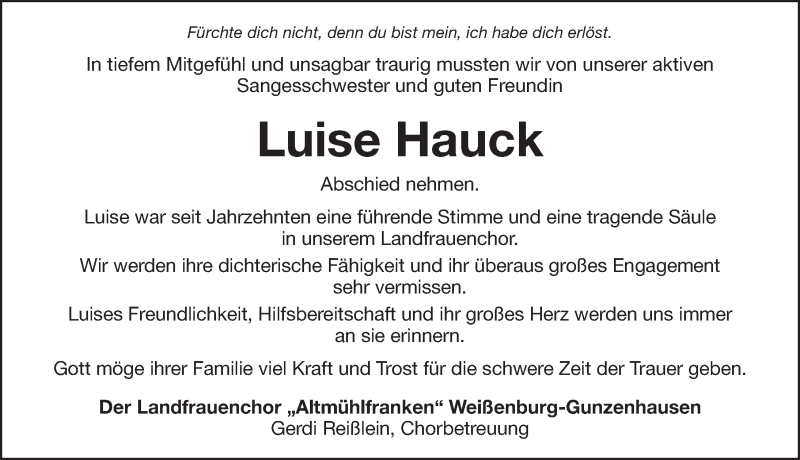  Traueranzeige für Luise Hauck vom 23.09.2020 aus Weißenburger Tagblatt u.Treuchtlinger Kurier Lokal