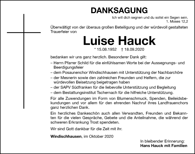  Traueranzeige für Luise Hauck vom 01.10.2020 aus Weißenburger Tagblatt u.Treuchtlinger Kurier Lokal