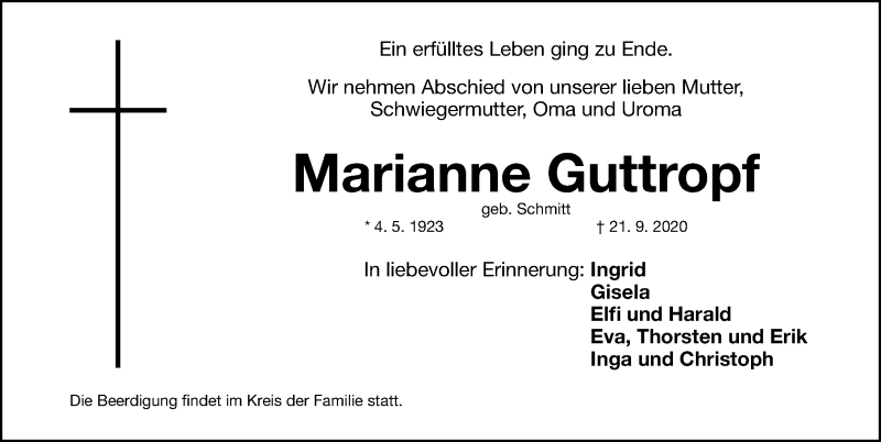  Traueranzeige für Marianne Guttropf vom 23.09.2020 aus Gesamtausgabe Nürnberger Nachrichten/ Nürnberger Ztg.