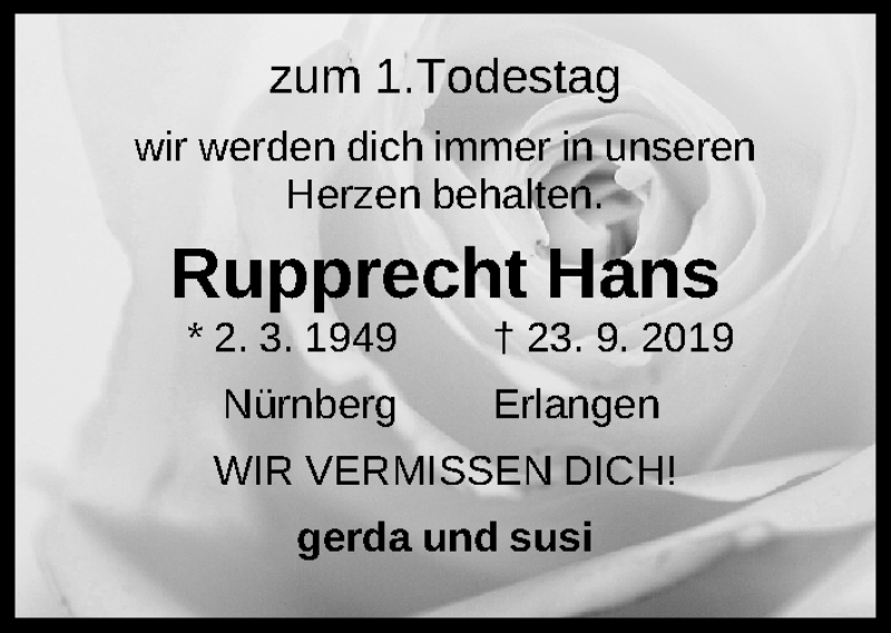  Traueranzeige für Rupprecht Hans vom 23.09.2020 aus Gesamtausgabe Nürnberger Nachrichten/ Nürnberger Ztg.