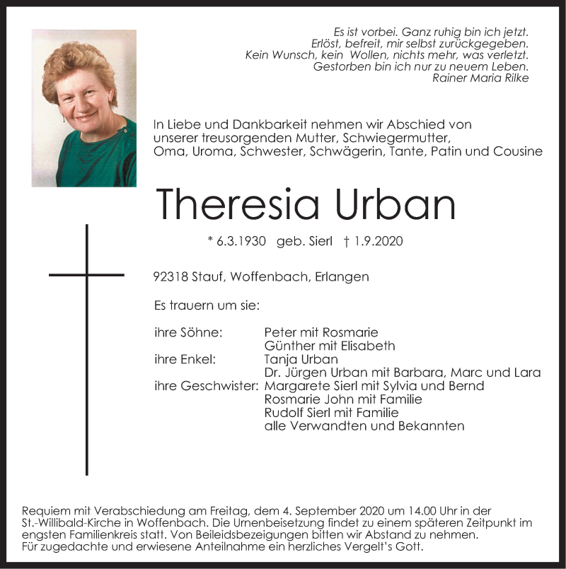  Traueranzeige für Theresia Urban vom 02.09.2020 aus Neumarkter Nachrichten Lokal