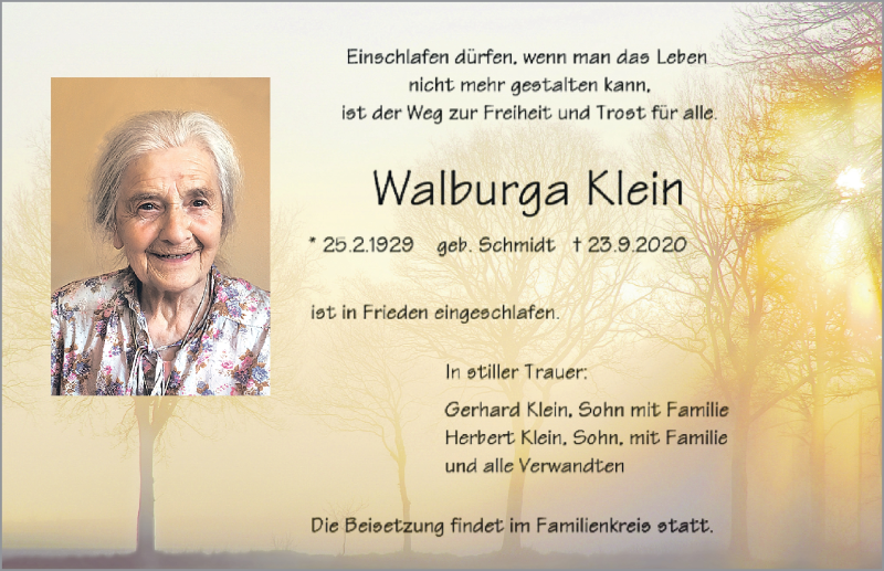  Traueranzeige für Walburga Klein vom 25.09.2020 aus Neumarkter Nachrichten Lokal