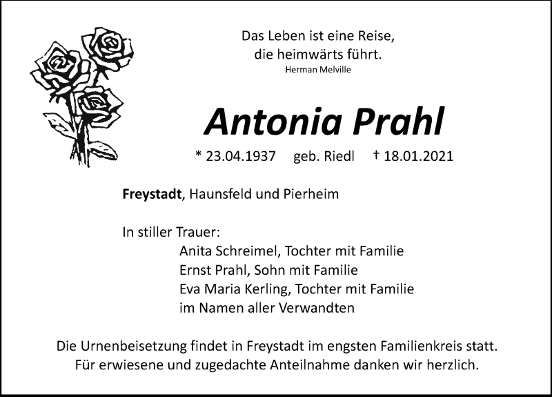  Traueranzeige für Antonia Prahl vom 23.01.2021 aus Neumarkter Nachrichten Lokal