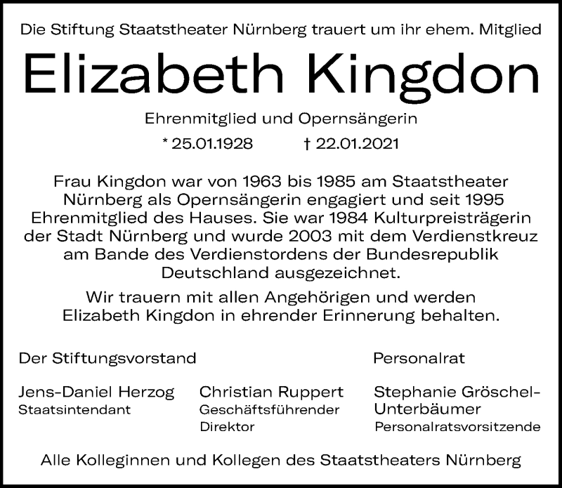  Traueranzeige für Elizabeth Kingdon vom 30.01.2021 aus Gesamtausgabe Nürnberger Nachrichten/ Nürnberger Ztg.