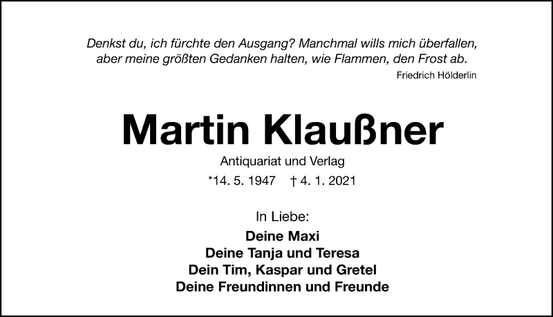  Traueranzeige für Martin Klaußner vom 09.01.2021 aus Gesamtausgabe Nürnberger Nachrichten/ Nürnberger Ztg.