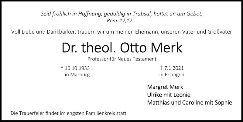  Traueranzeige für Otto Merk vom 12.01.2021 aus Erlanger Nachrichten Lokal