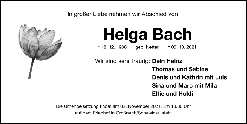 Traueranzeige für Helga Bach vom 23.10.2021 aus Gesamtausgabe Nürnberger Nachrichten/ Nürnberger Ztg.