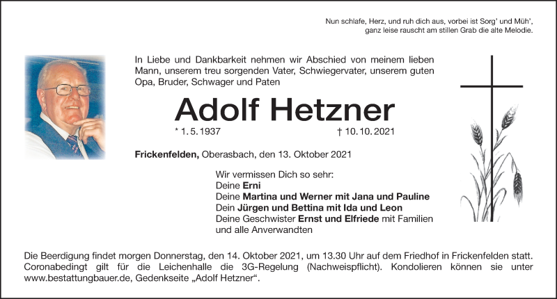  Traueranzeige für Adolf Hetzner vom 13.10.2021 aus Altmühl-Bote Lokal