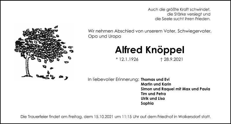  Traueranzeige für Alfred Knöppel vom 09.10.2021 aus Schwabacher Tagblatt Lokal