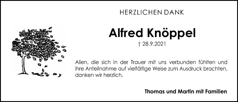  Traueranzeige für Alfred Knöppel vom 23.10.2021 aus Schwabacher Tagblatt Lokal