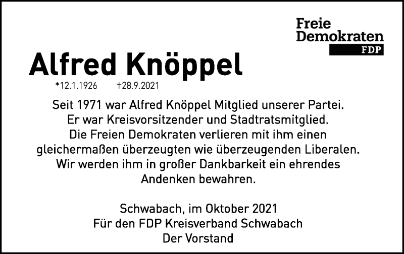  Traueranzeige für Alfred Knöppel vom 13.10.2021 aus Schwabacher Tagblatt Lokal