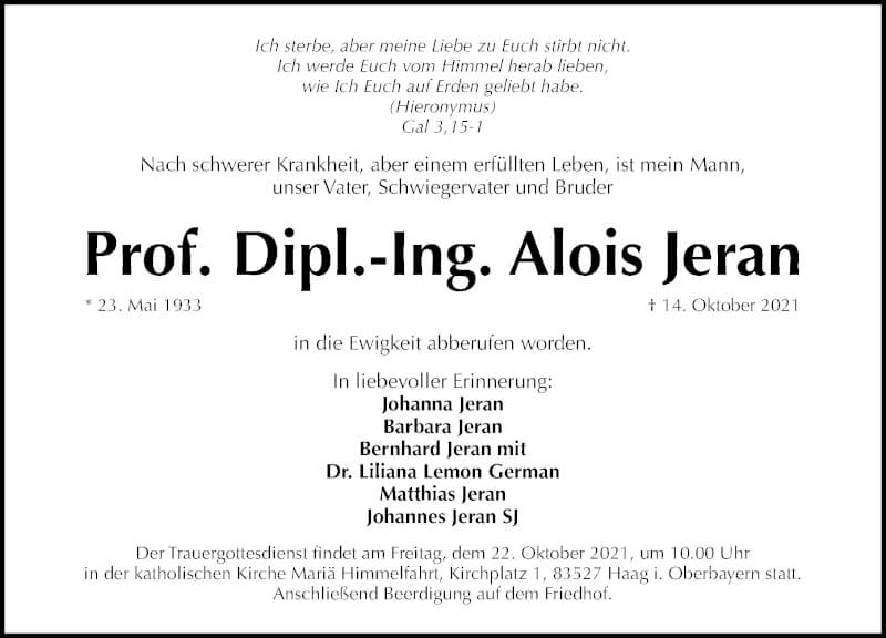  Traueranzeige für Alois Jeran vom 16.10.2021 aus Gesamtausgabe Nürnberger Nachrichten/ Nürnberger Ztg.