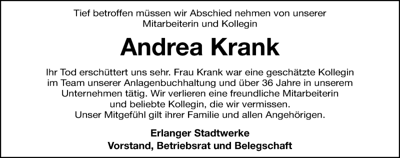  Traueranzeige für Andrea Krank vom 26.10.2021 aus Erlanger Nachrichten Lokal