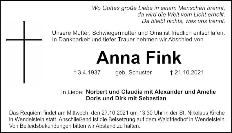  Traueranzeige für Anna Fink vom 25.10.2021 aus Schwabacher Tagblatt Lokal