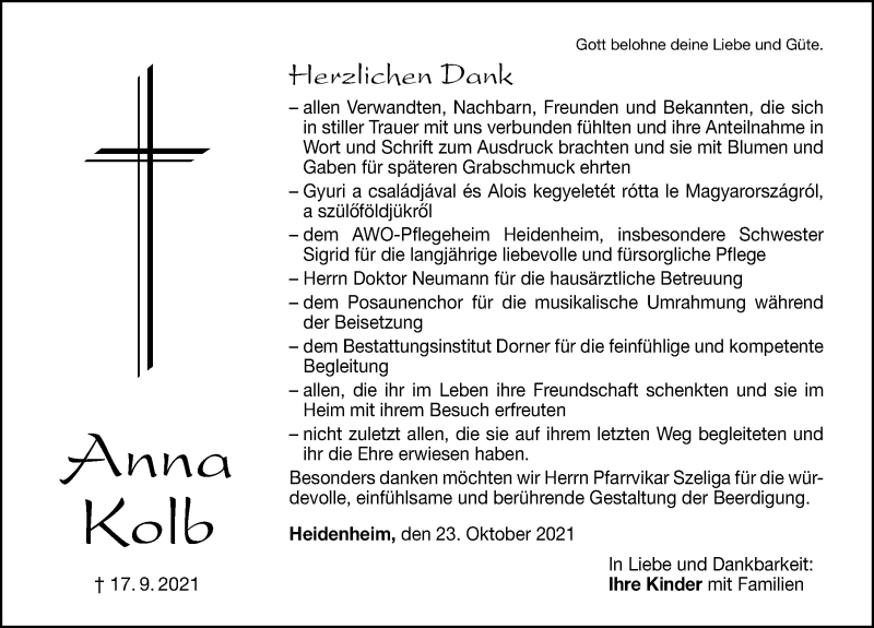  Traueranzeige für Anna Kolb vom 23.10.2021 aus Altmühl-Bote Lokal