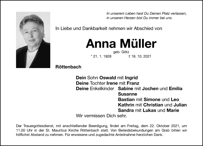  Traueranzeige für Anna Müller vom 21.10.2021 aus Nordbayerische Nachrichten Herzogenaurach Lokal