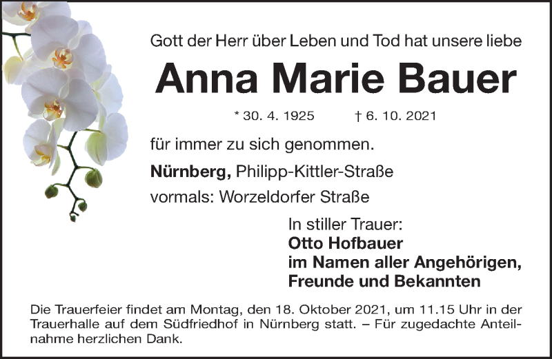  Traueranzeige für Anna Marie Bauer vom 15.10.2021 aus Gesamtausgabe Nürnberger Nachrichten/ Nürnberger Ztg.