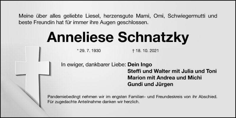  Traueranzeige für Anneliese Schnatzky vom 23.10.2021 aus Fürther Nachrichten Lokal