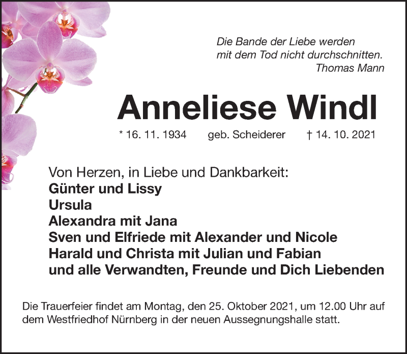  Traueranzeige für Anneliese Windl vom 20.10.2021 aus Gesamtausgabe Nürnberger Nachrichten/ Nürnberger Ztg.