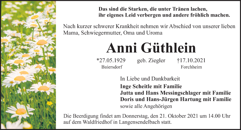  Traueranzeige für Anni Güthlein vom 20.10.2021 aus Nordbayerische Nachrichten Forchheim Lokal
