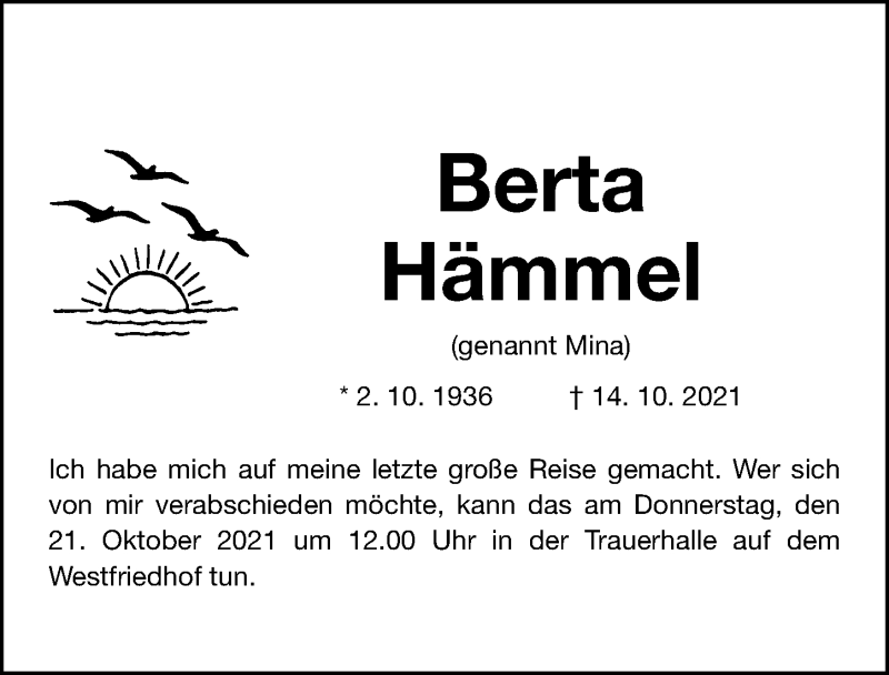  Traueranzeige für Berta Hämmel vom 19.10.2021 aus Gesamtausgabe Nürnberger Nachrichten/ Nürnberger Ztg.