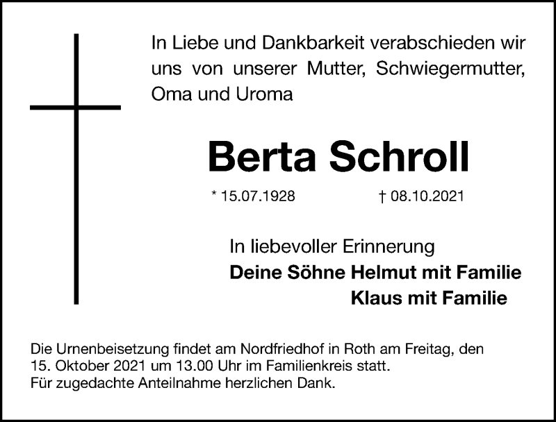  Traueranzeige für Berta Schroll vom 13.10.2021 aus Roth-Hilpoltsteiner Volkszeitung Lokal