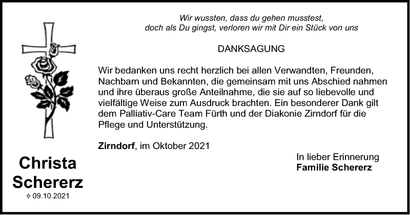  Traueranzeige für Christa Schererz vom 22.10.2021 aus Fürther Nachrichten Lokal
