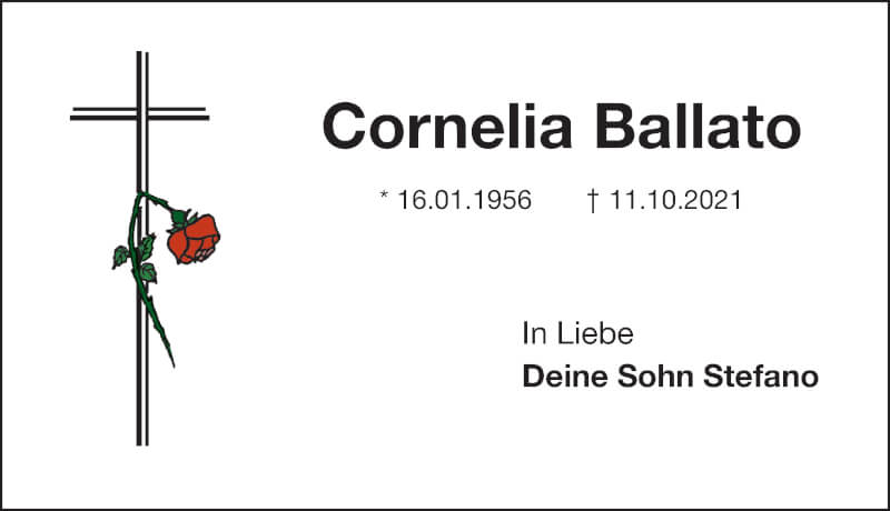  Traueranzeige für Cornelia Ballato vom 16.10.2021 aus Gesamtausgabe Nürnberger Nachrichten/ Nürnberger Ztg.