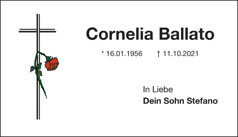  Traueranzeige für Cornelia Ballato vom 20.10.2021 aus Gesamtausgabe Nürnberger Nachrichten/ Nürnberger Ztg.