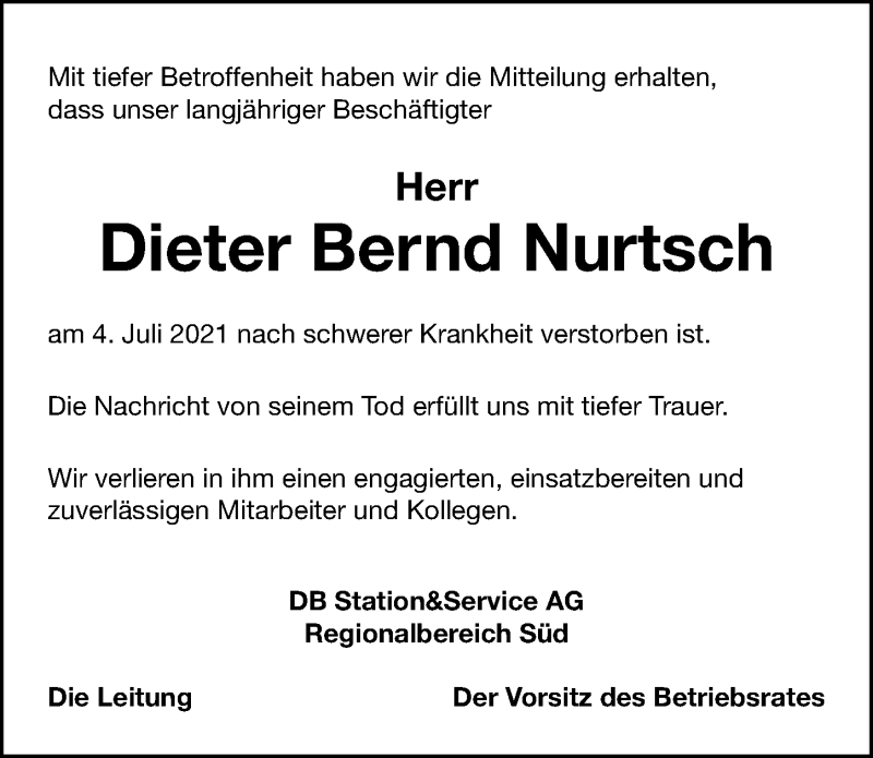  Traueranzeige für Dieter Bernd Nurtsch vom 13.10.2021 aus Gesamtausgabe Nürnberger Nachrichten/ Nürnberger Ztg.