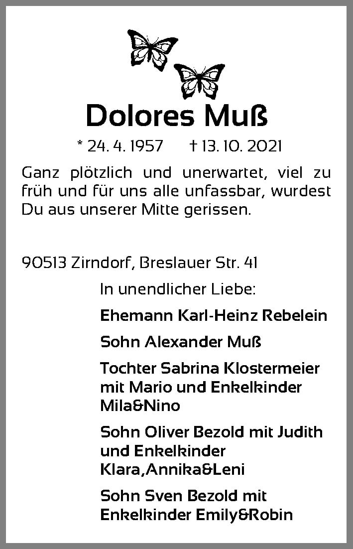  Traueranzeige für Dolores Muß vom 16.10.2021 aus Fürther Nachrichten Lokal