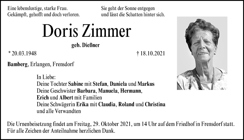  Traueranzeige für Doris Zimmer vom 23.10.2021 aus Erlanger Nachrichten Lokal