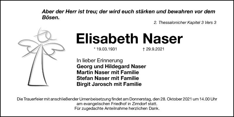  Traueranzeige für Elisabeth Naser vom 27.10.2021 aus Gesamtausgabe Nürnberger Nachrichten/ Nürnberger Ztg.