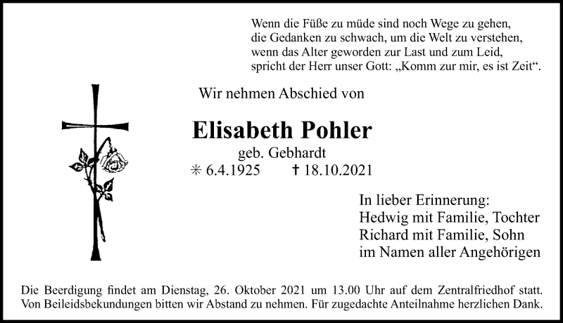  Traueranzeige für Elisabeth Pohler vom 23.10.2021 aus Erlanger Nachrichten Lokal