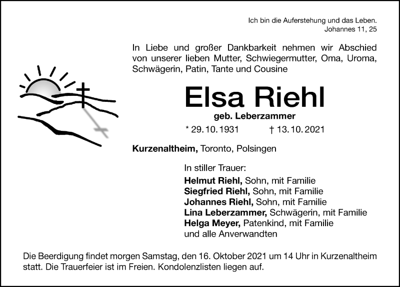  Traueranzeige für Elsa Riehl vom 15.10.2021 aus Altmühl-Bote Lokal