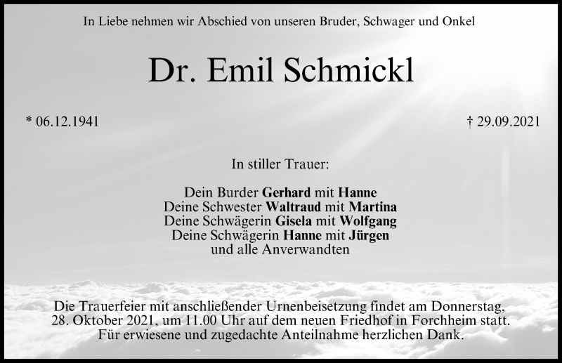  Traueranzeige für Emil Schmickl vom 26.10.2021 aus Nordbayerische Nachrichten Forchheim Lokal