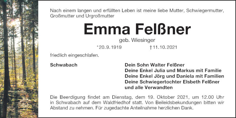  Traueranzeige für Emma Felßner vom 16.10.2021 aus Schwabacher Tagblatt Lokal