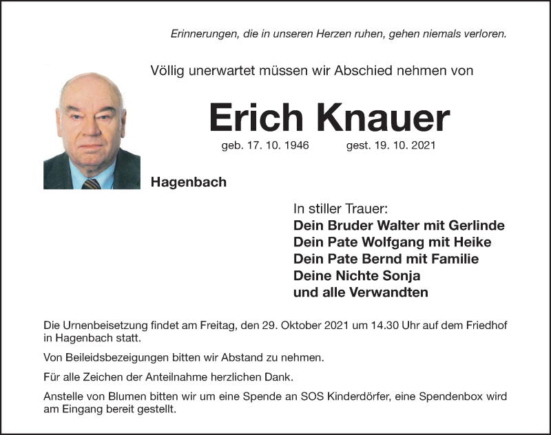  Traueranzeige für Erich Knauer vom 26.10.2021 aus Nordbayerische Nachrichten Forchheim Lokal