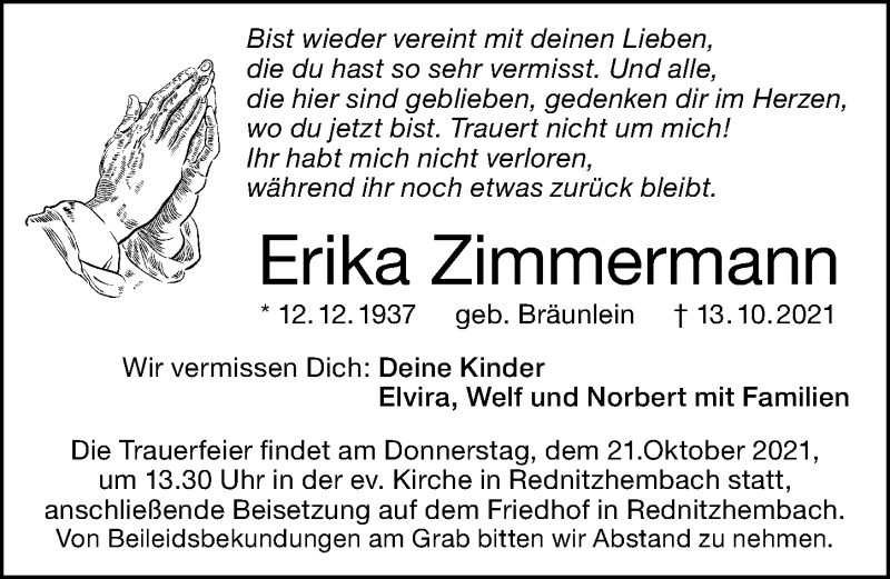  Traueranzeige für Erika Zimmermann vom 18.10.2021 aus Schwabacher Tagblatt Lokal