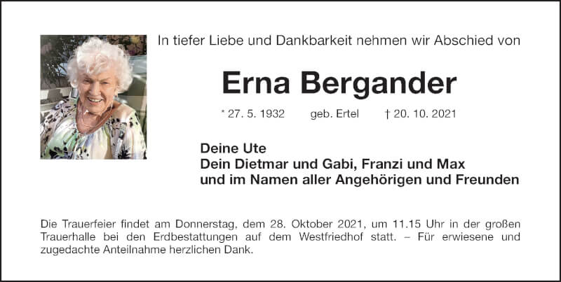  Traueranzeige für Erna Bergander vom 25.10.2021 aus Gesamtausgabe Nürnberger Nachrichten/ Nürnberger Ztg.