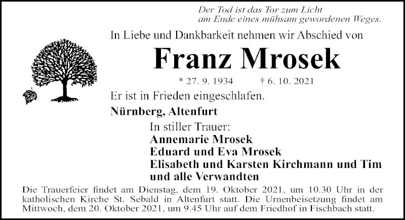  Traueranzeige für Franz Mrosek vom 16.10.2021 aus Gesamtausgabe Nürnberger Nachrichten/ Nürnberger Ztg.