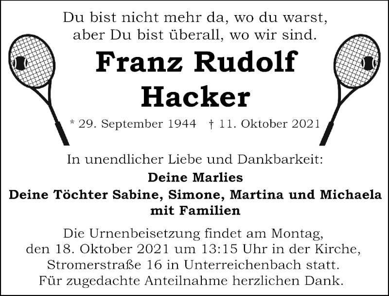  Traueranzeige für Franz Rudolf Hacker vom 16.10.2021 aus Schwabacher Tagblatt Lokal