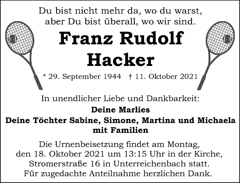  Traueranzeige für Franz Rudolf Hacker vom 18.10.2021 aus Gesamtausgabe Nürnberger Nachrichten/ Nürnberger Ztg.
